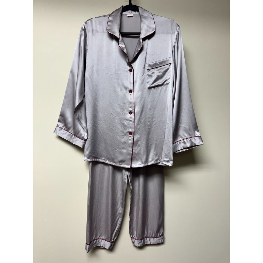 SILK SILKY 100% Silk Long Sleeve w/ Pull-On Pants Pajama Set, Gray/Burgundy Sz L
